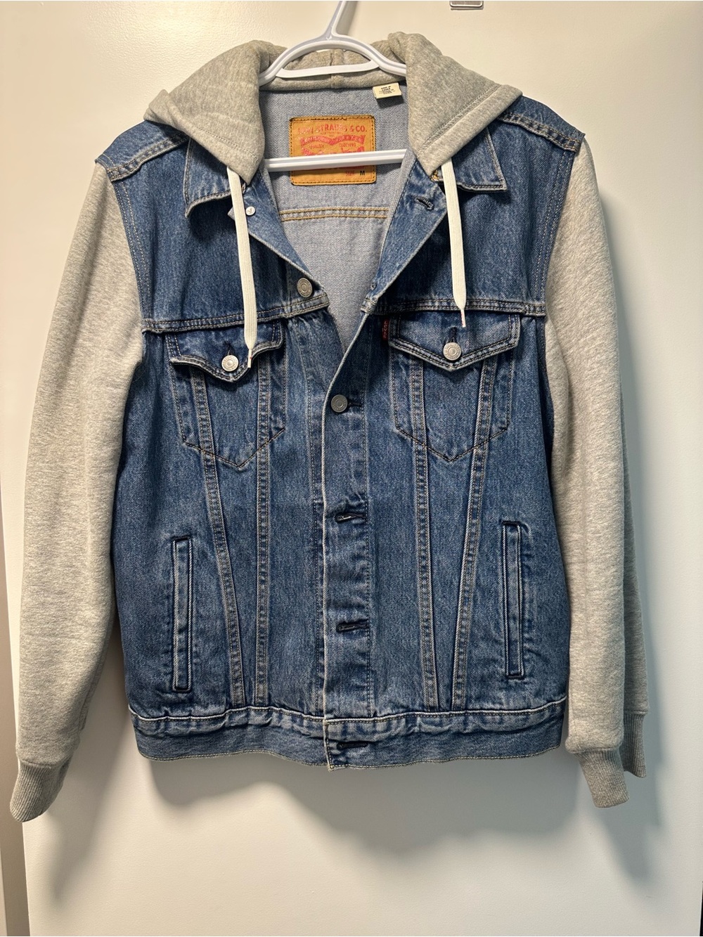 Levi's Blue Denim Trucker Jacket with Gray Hood & Sleeves